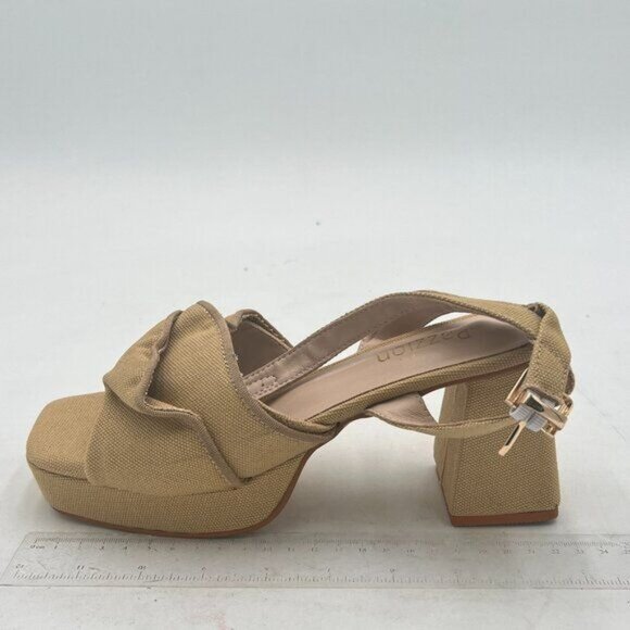 Pazzion Khaki Platform Square Toe Pleated Ruffle Chunky High Heels Strap Sandals - Picture 2 of 8